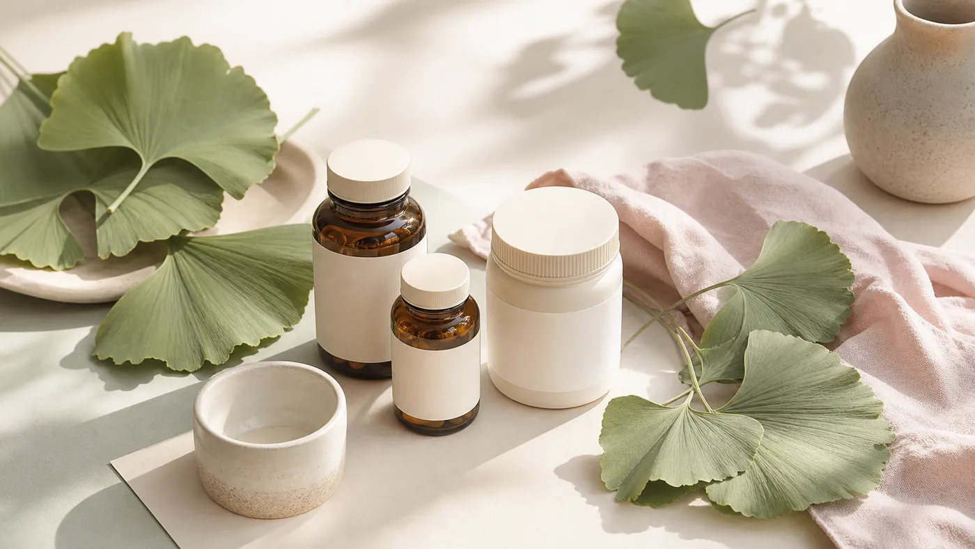 Wellness product still life with ginkgo leaves
