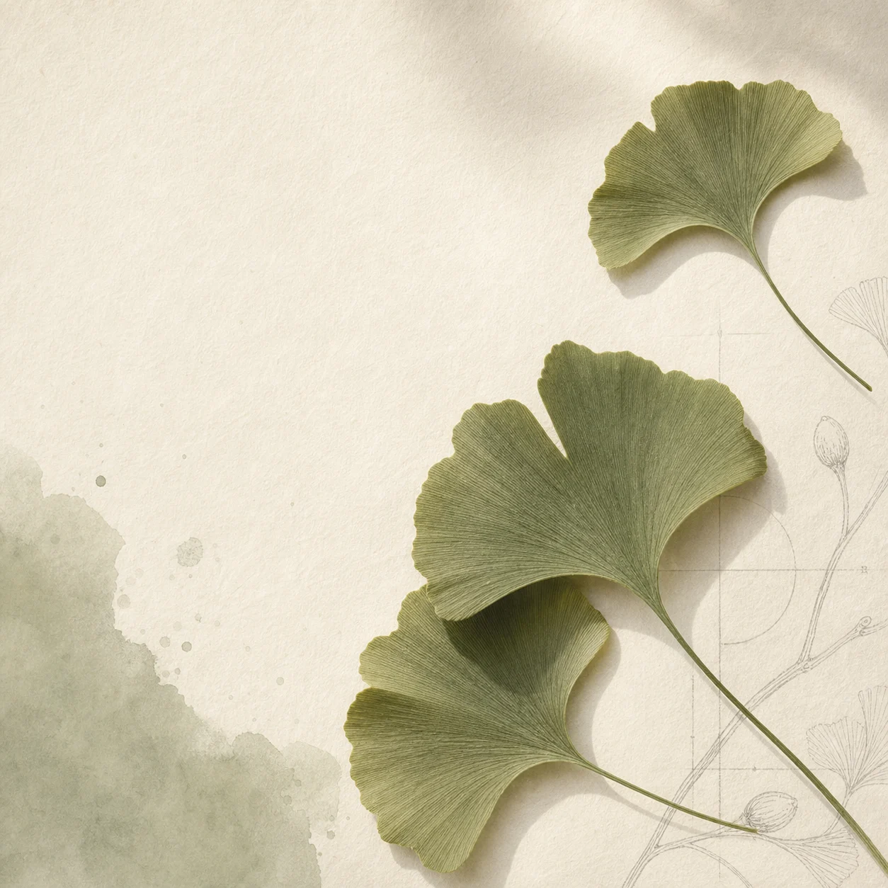 Pressed ginkgo leaves on textured paper with botanical sketch details